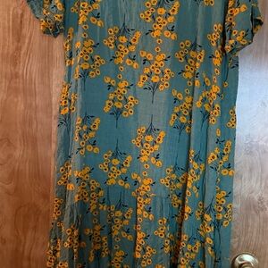 Zanzea Teal Midi Dress with Yellow Floral Print